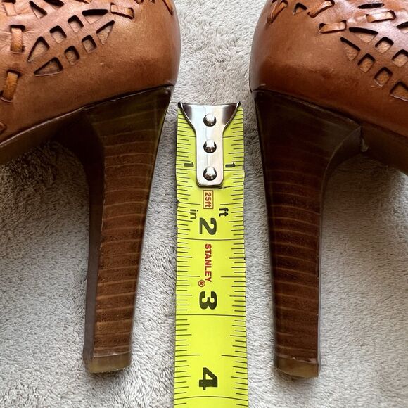 Via Spiga Tan Woven Leather Open Toe Heels Women 8.5 Cut Outs Flower Casual - Picture 13 of 16